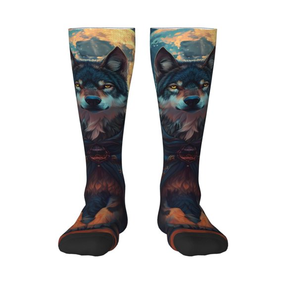 Vsdgher Starry Sky Moon Wolf Leader Print Thigh High Socks Extra Long Stretchy Sock Women Over Knee High Opaque Stocking Daily Wear