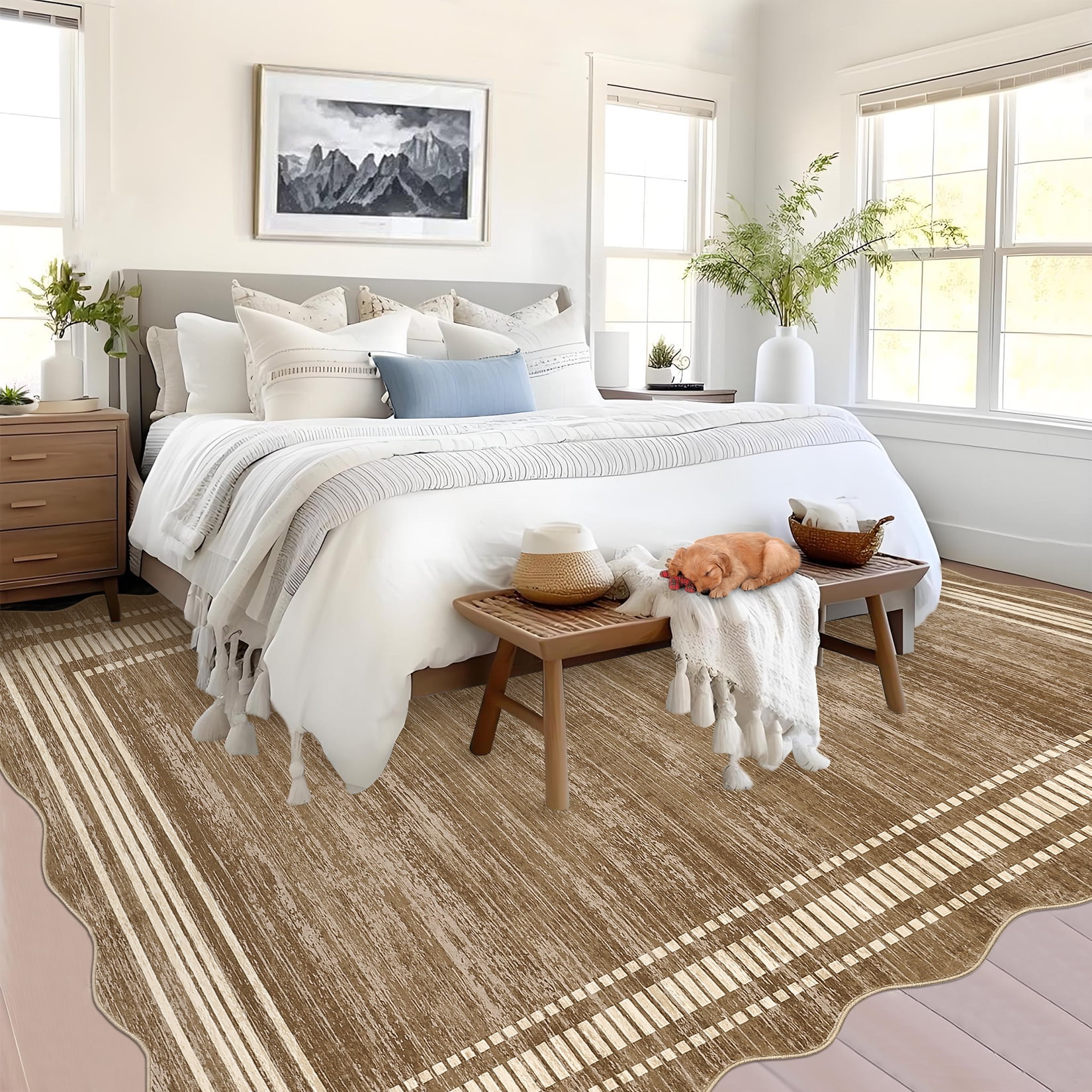 Garvee Modern Bordered Area Rugs, 5'x7' Abstract Aesthetic Soft Living Room Rug Irregular Non-Slip Low-Pile Scalloped Rugs Carpet for Bedroom Dining Room Home Office, Camel