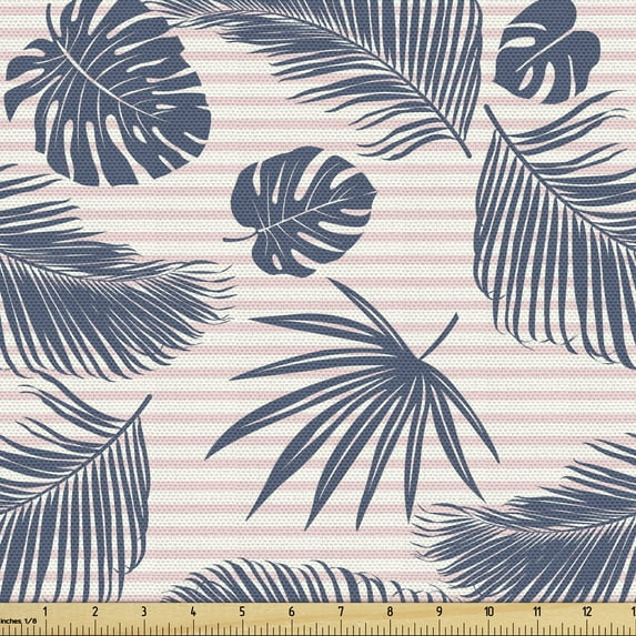 Tropical Sofa Upholstery Fabric by the Yard, Rainforest Island Vibes Monstera Banana Palm Leaves on Stripes Modern, Decorative Fabric for DIY and Home Accents, Slate Blue Pale Pink by Ambesonne