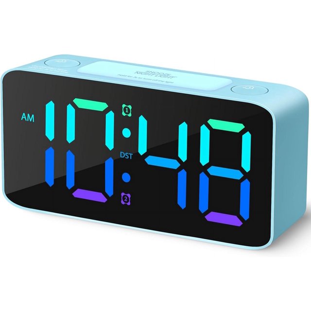 Reloj despertador ruidoso para adultos que duermen profundamente, cargador USB, relojes pequeños para la mesita de noche del dormitorio, se puede despertar para niños, adolescentes (azul + RGB)