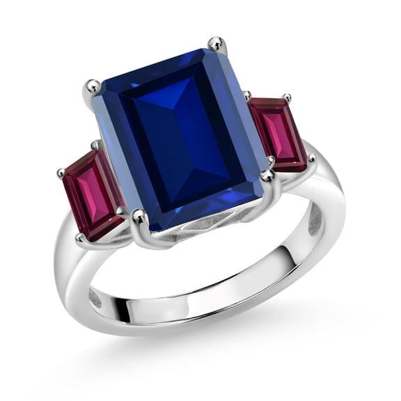 Gem Stone King 8.16 Ct Blue Simulated Sapphire Red Rhodolite Garnet 925 Sterling Silver 3-Stone Ring (Size 9)
