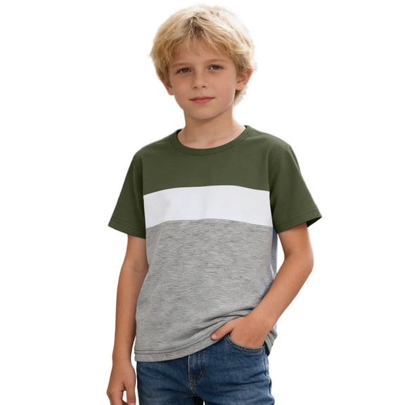 Hienoo Boys Casual Short Sleeve T-Shirt Summer Color Block Crew Neck T Shirt, Sizes 3-13