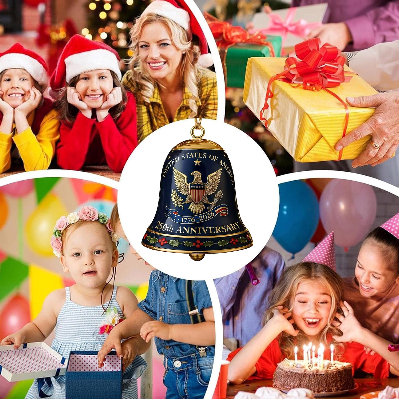 United States 250th Anniversary Bell Ornament, 250th Anniversary Metal Bell Ornament – 1776-2026 Red & Gold Patriotic Christmas Tree Hanging Decor, Shatterproof Holiday Ornament Gift (2PCS)