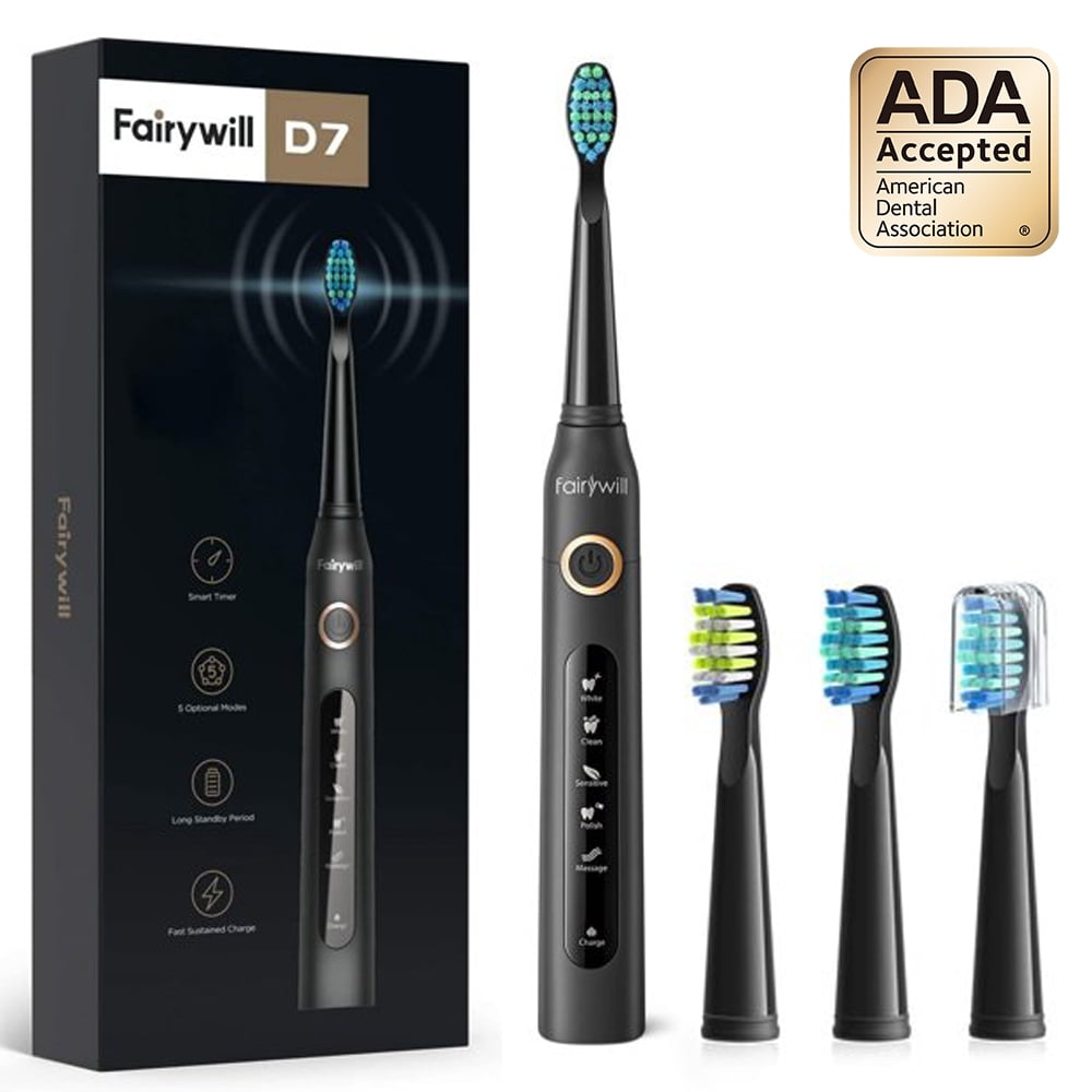 Electric Toothbrush Fairywill Sonic Crystal Black Rechargeable 3 Modes 