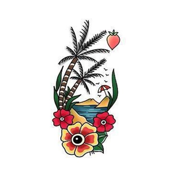 Y944 oldschool coconut tree 1 sheet summer splicing flower arm color tattoo sticker waterproof semi-permanent domineering anime high-end
