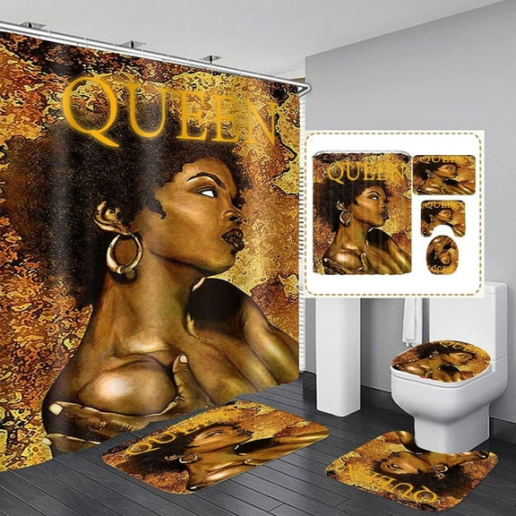 4 Pcs Black King Lion Shower Curtain Set, African American Man Shower Curtains for Bathroom, Afro King Animal Bathroom Sets with Shower Curtain with Rugs Toilet Lid Cover Bath Mat and Hooks