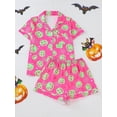 thumbnail image 6 of Emy Dola Women Halloween Silk Pajamas Sets 2 Piece Button-Down Satin Sleepwear Ghost Pumpkin Skull Print Short Sleeve Loungewear S-2XL, 6 of 7
