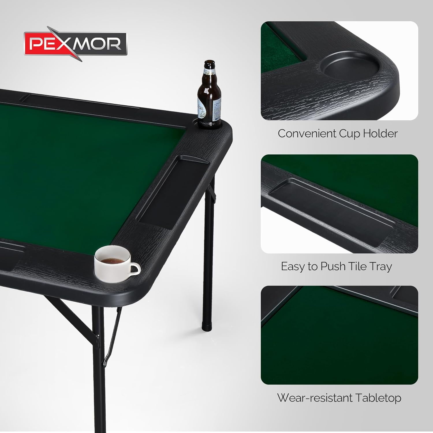 PEXMOR 39.5" Foldable Mahjong Table, 4 Player Card Game Table w/Cup Holders & Chip Grooves, Portable Folding Poker Domino Board Game Table for Blackjack, Texas Hold'em, Jigsaw Puzzles Game