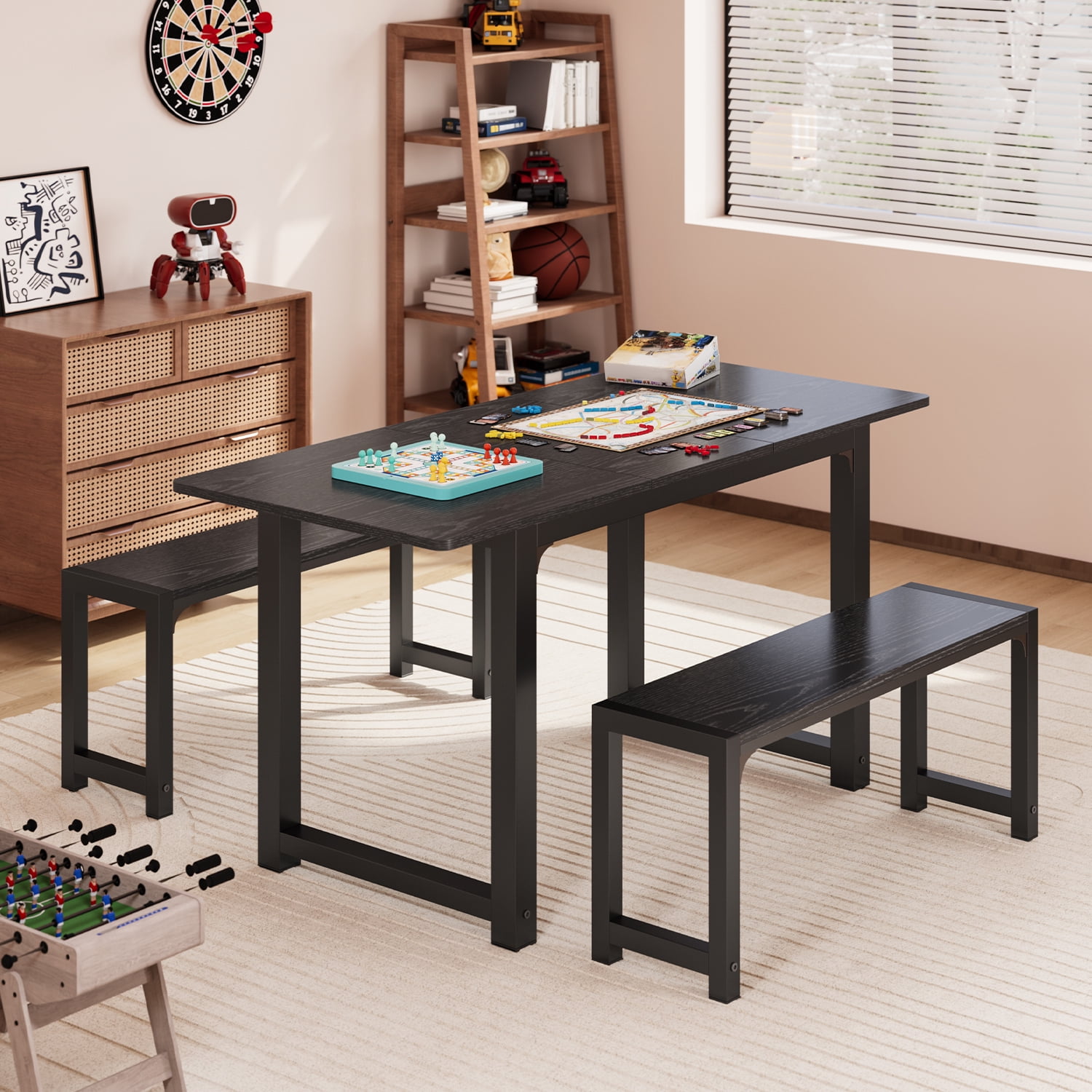 Extendable Dining Table Set for 4 People with 2 Benches,47" to 63" Kitchen Table for Living Room, Black