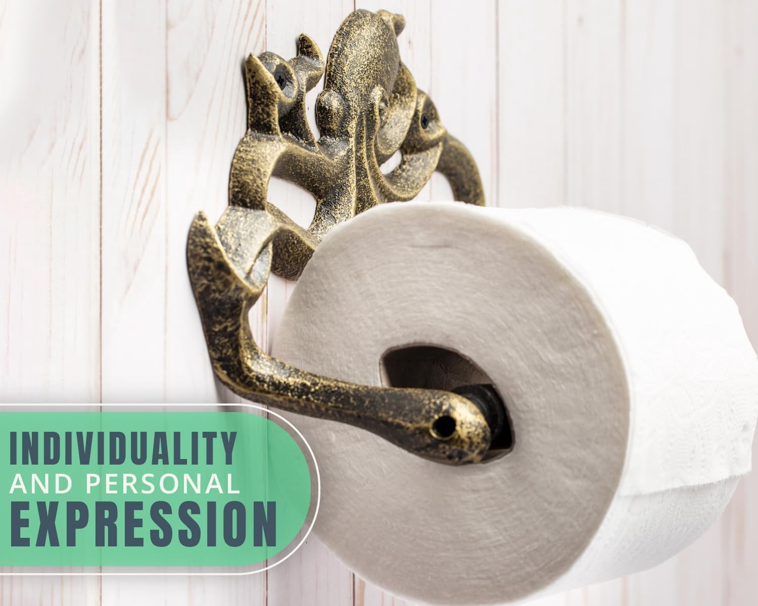 Comfify Cast Iron Octopus Toilet Paper Roll Holder, Wall Mounted Bathroom Tissue Holder with Mounting Hardware, Gold and Black
