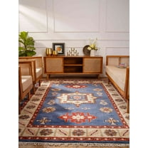 Rugsotic Carpets Hand Knotted Afghan Rugs Rectangle 6'x9' Aqua White Silk-Wool for Indoor Use