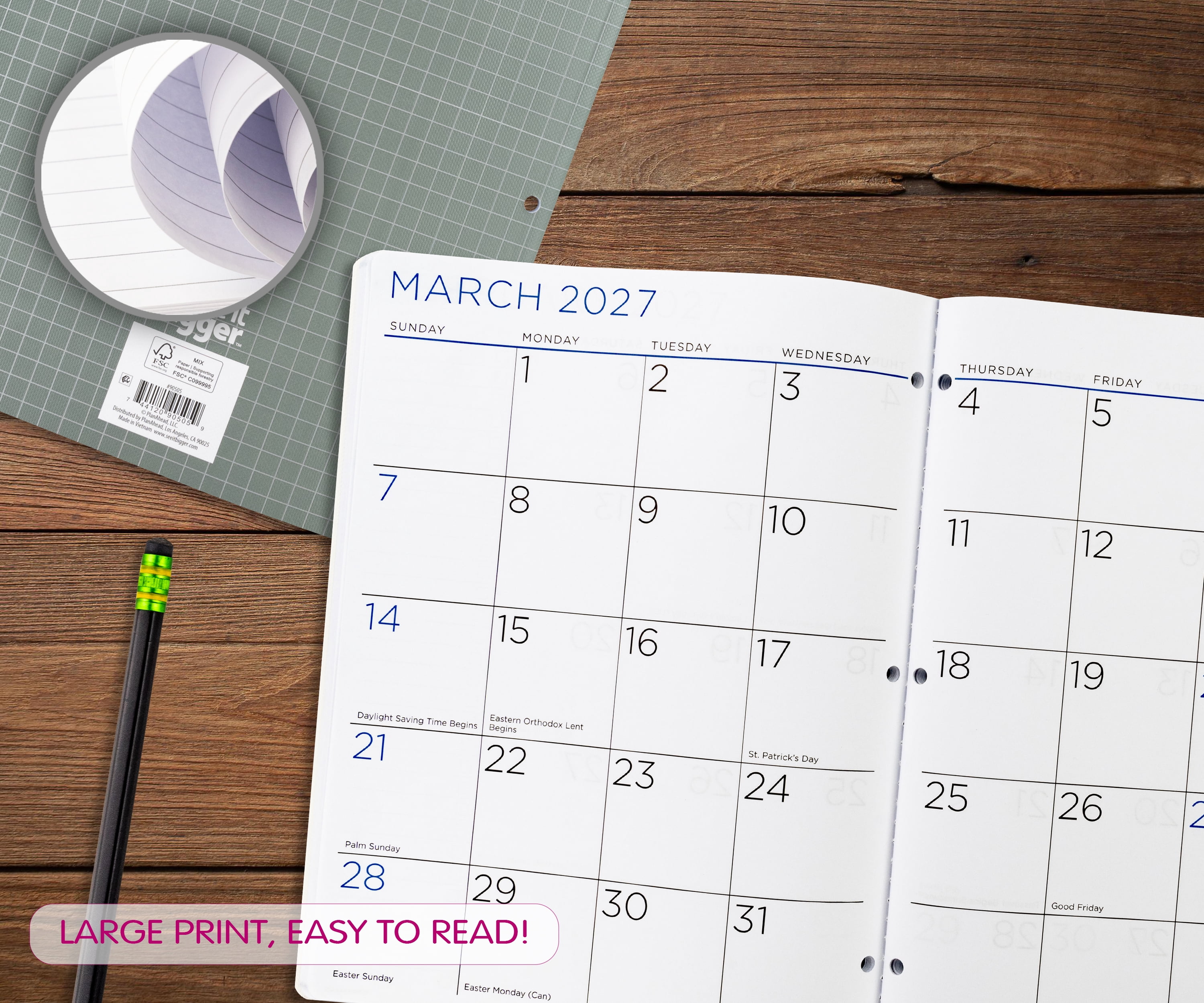 See It Bigger Monthly Planner, Large (8.5” x 11”), Grey, 2-Year: Apr 2026 - Mar 2028