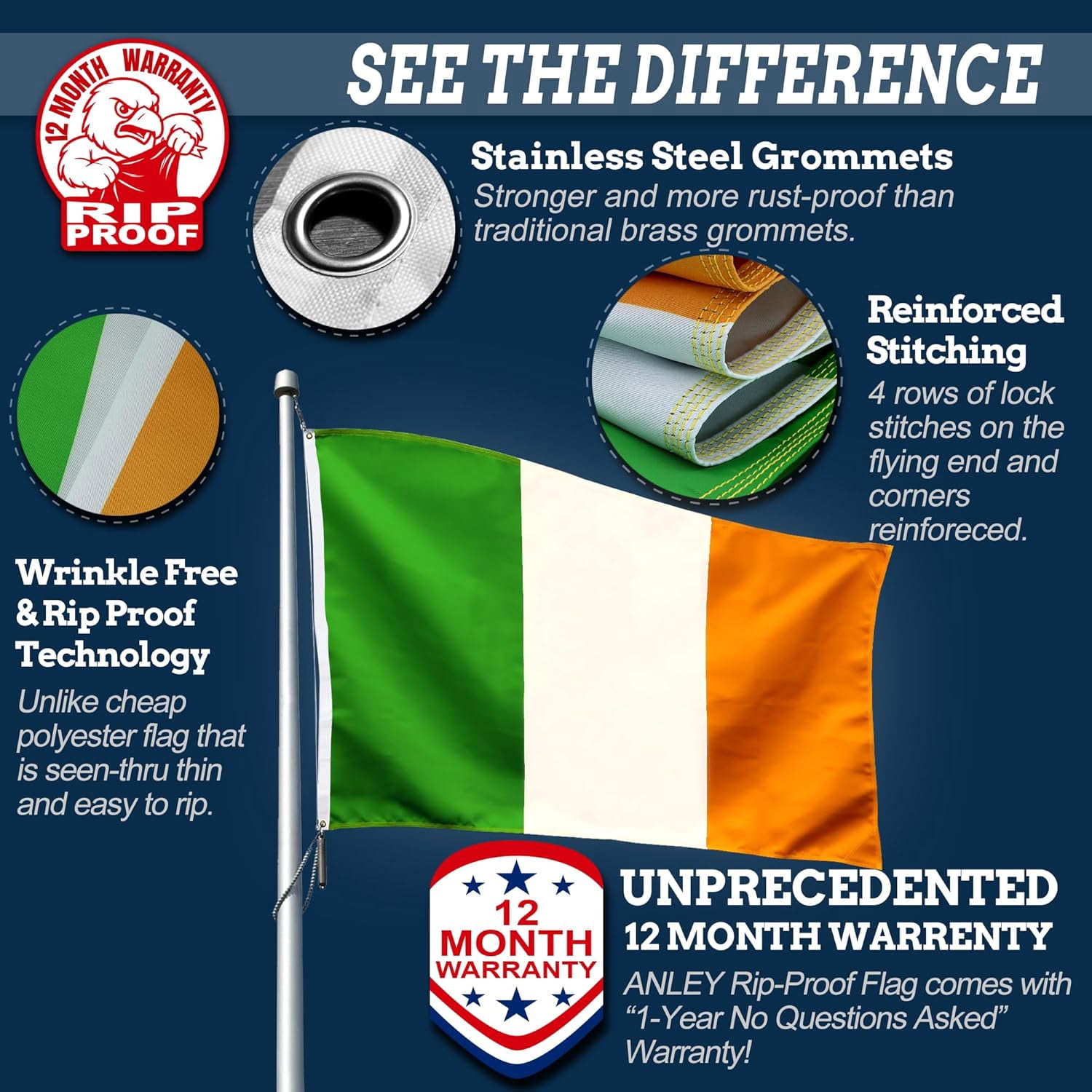 Anley Rip-Proof Technology Double Sided 3-Ply Ireland Flag 3x5 Foot - Irish Flags