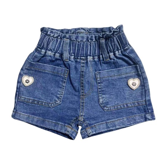Girls' Denim Shorts with Elastic Waist & Heart Pockets, No Button Pull-On Shorts for Kids to 8 Years, Soft Blue Cotton Summer Play Shorts,Size 3-4T