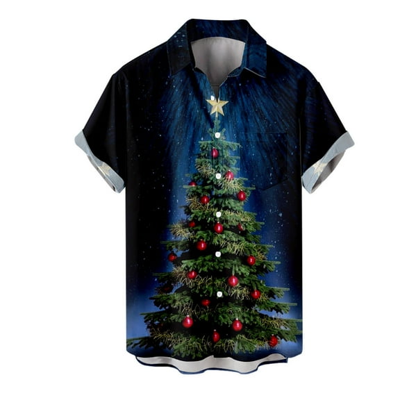 IROINNID Hawaiian T-Shirt for Men Button Up Christmas Short Sleeve Shirt Funny Xmas Tree Print Vacation Shirt,Green