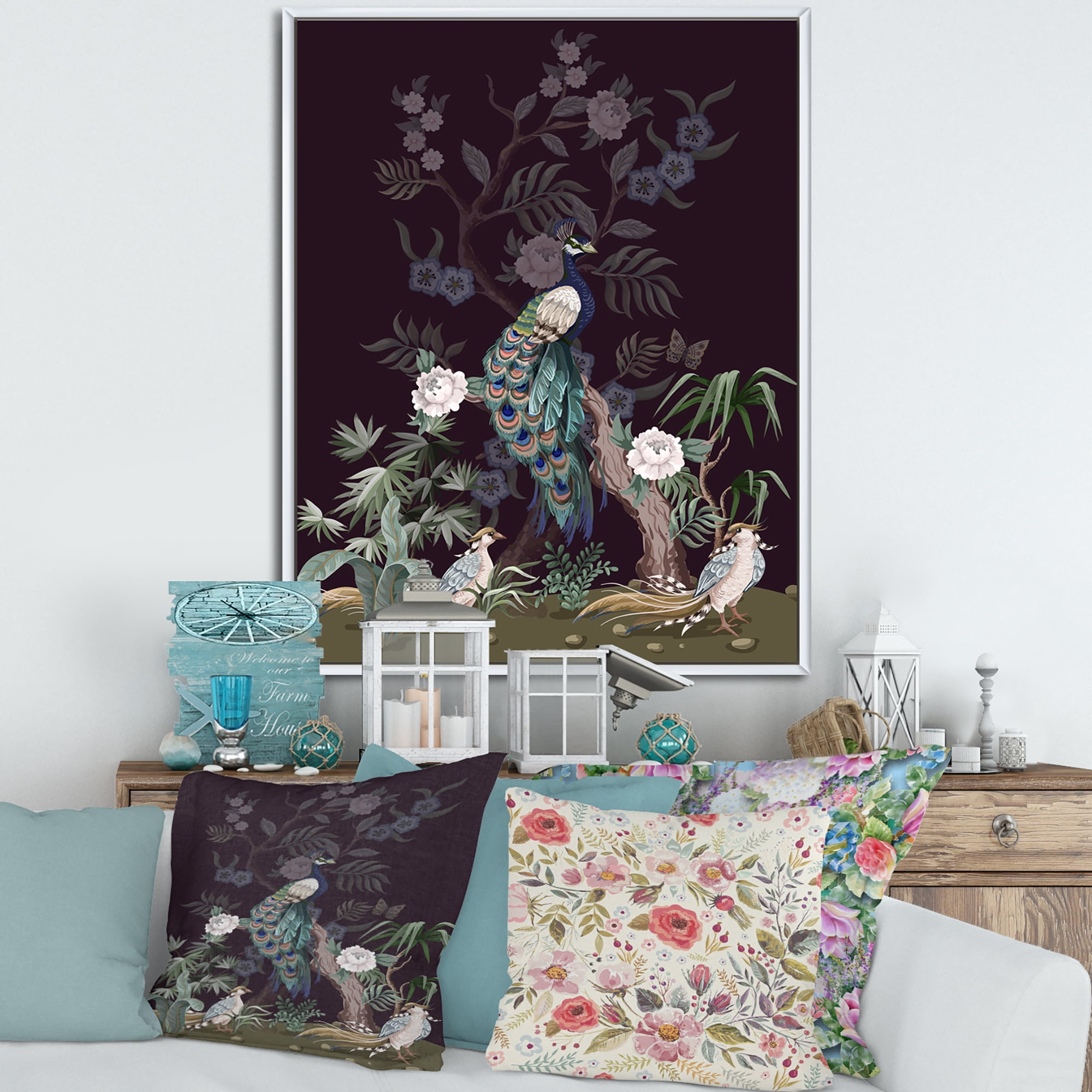 Designart 'Chinoiserie With Peonies and Birds V' Traditional Framed Canvas Wall Art Print