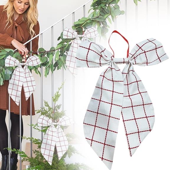 Classic Red White Grid Checkered Christmas Fabric Bow Hanging Ornament, Farmhouse Xmas Tree Wreath Gift Wrap Decor, 1 Count