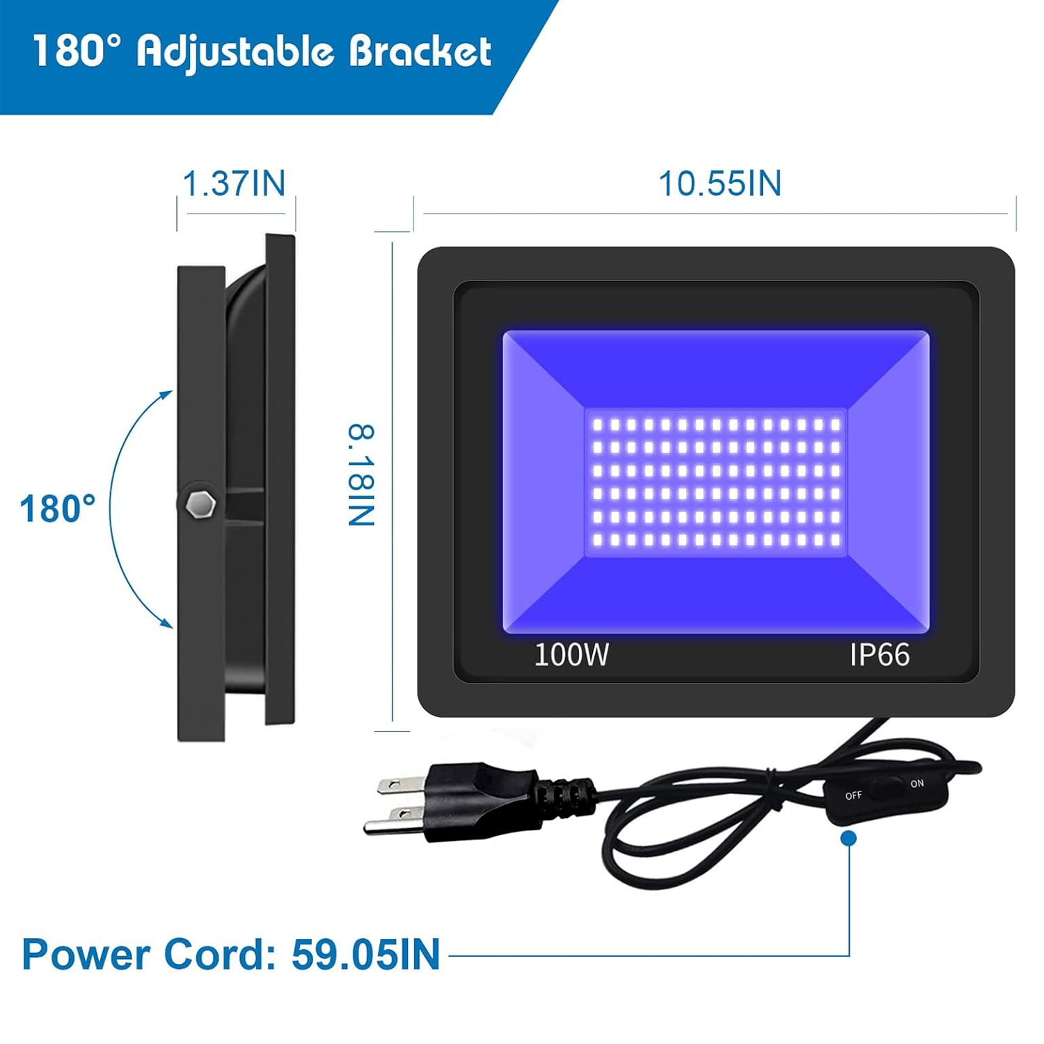 INDMIRD 100W LED UV FloodLight Modern Waterproof IP66 Spotlight Ultraviolet Light Switch Porch Garden Patio Exterio Garage Party Lamp