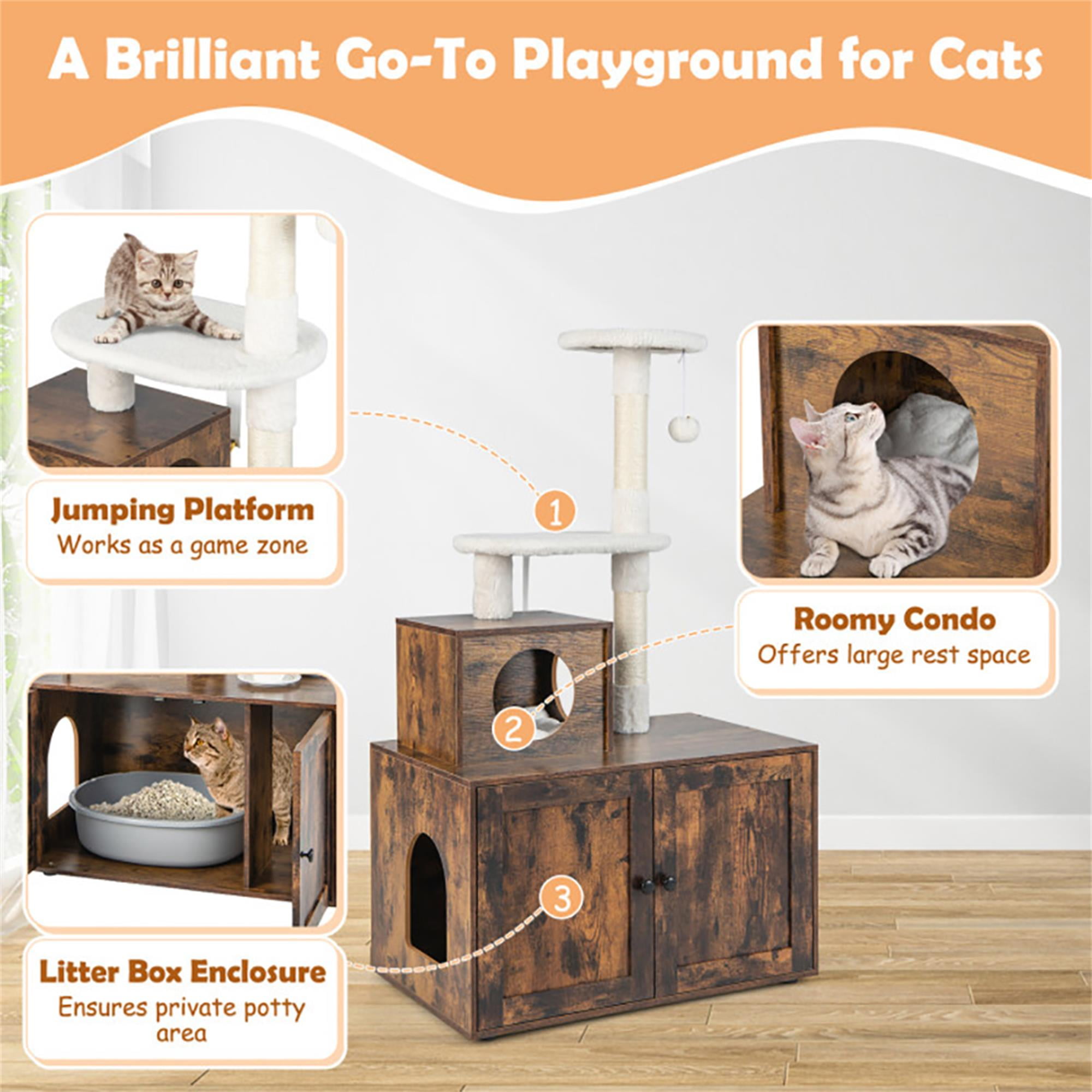 Pefilos 52" Cat Tree with Wood Litter Box Enclosure, All-in-one Indoor Cat Furniture with Large Platform and Condo, Modern Style Cat Tower, Brown Pefilos 52" Cat Tree with Wood Litter Box Enclosure, All-in-one Indoor Cat Furniture with Large Platform and Condo, Modern Style Cat Tower, Brown