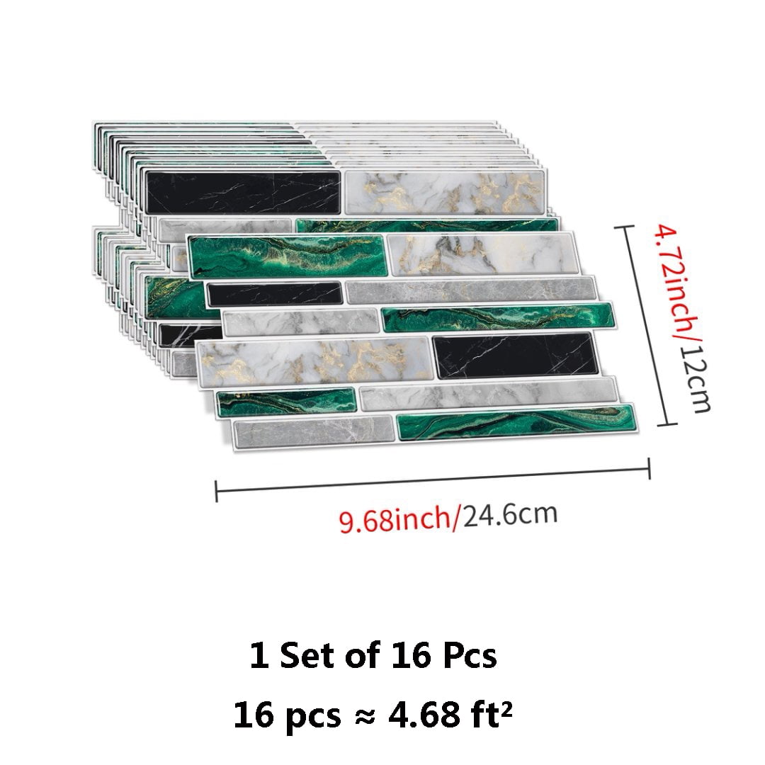 16 Pcs Tiles Decals Peel and Stick Backsplash Vinyl Marble Tile Stickers Kitchen Bathroom Wall Decor 9.68x4.72 Inch