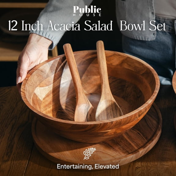 Large Wooden Salad Bowl Set 12.5 Inch with Serving Utensils, Tray Lid and Carry Strap