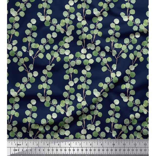 Soimoi Blue polyester Crepe Fabric Leaf Leaves Print Sewing Fabric Yard 52 Inch Wide