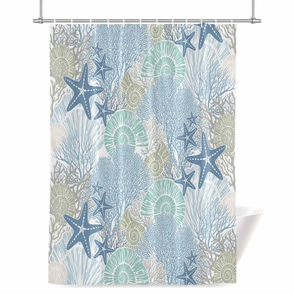 Blue Green Sea Shower Curtain, Nautical Coastal Ocean Watercolor Shells Corals Starfish Waterproof Shower Curtain Set with 12 Hooks Lightweight Bath Curtains Fabric Bathroom Decor 72x78 Inches
