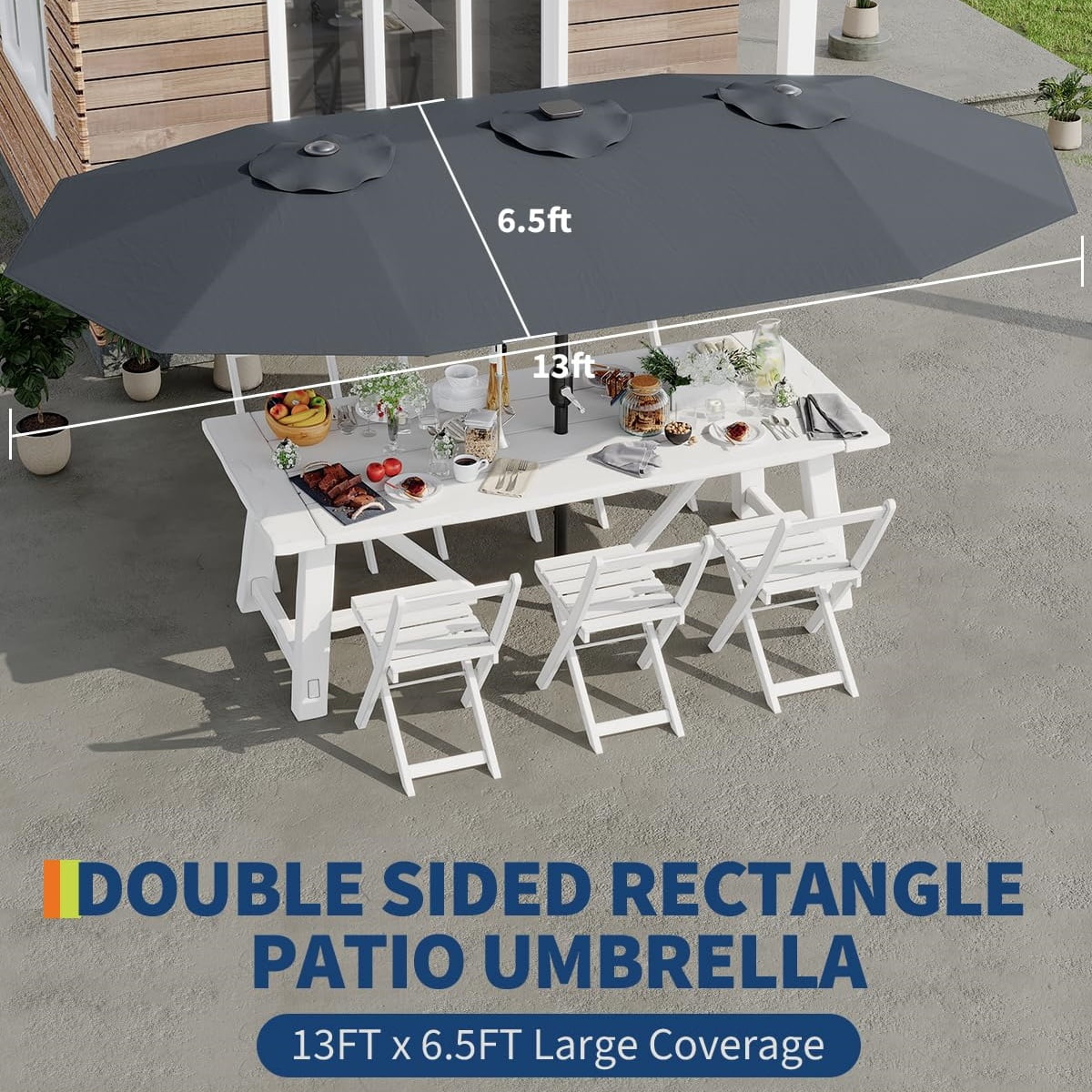 WildBreak Triple Size Large Patio Umbrella, with Crank Handle, Double-Sided, 13' x 6.5', Gray