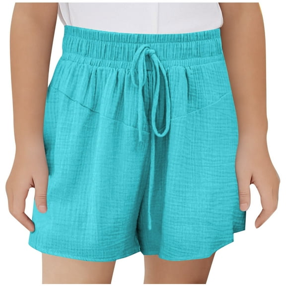 Loopsun Girls Summer Shorts, Children's Summer Solid Color and Linen Pocket Elastic Waist Sports Leisure Shorts Blue 13-14 Years