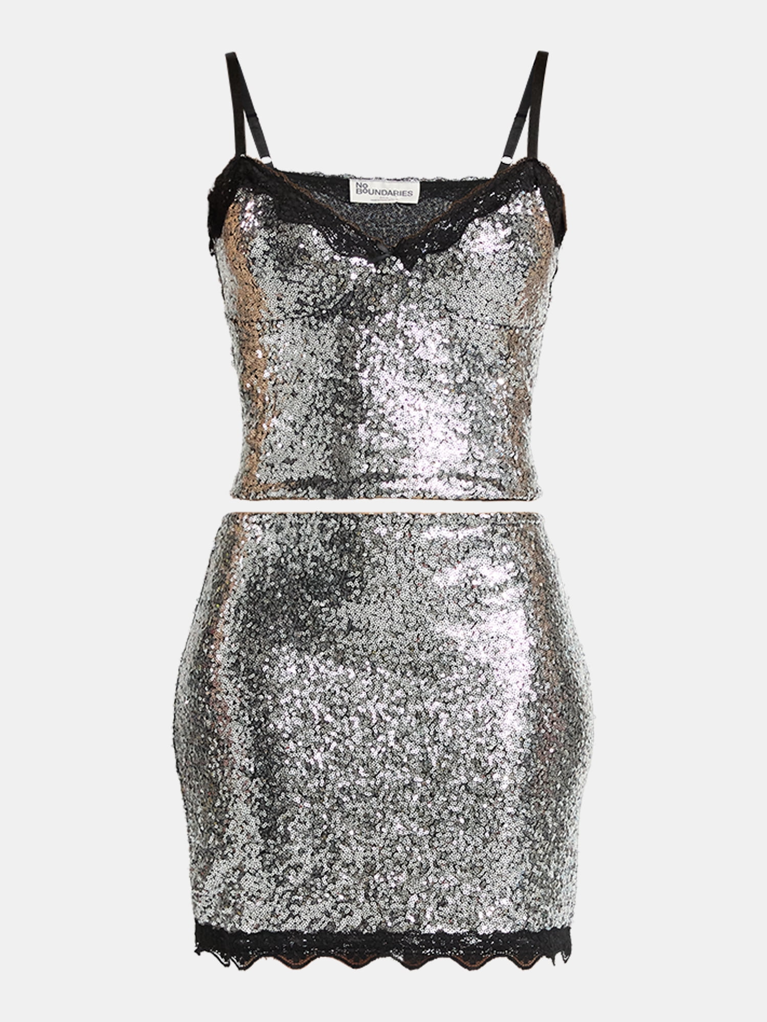 No Boundaries Sequin Mesh Tank Top and Lace Mini Skirt Set, 2-Piece, Women's