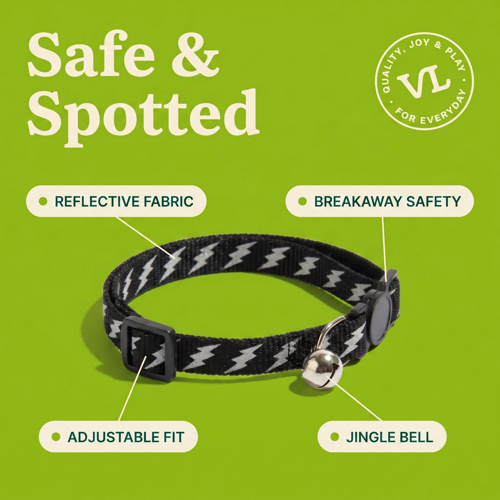 Vibrant Life Reflective Break-Away Adjustable Cat Collar, Black and Silver Lightning Bolt, One Size