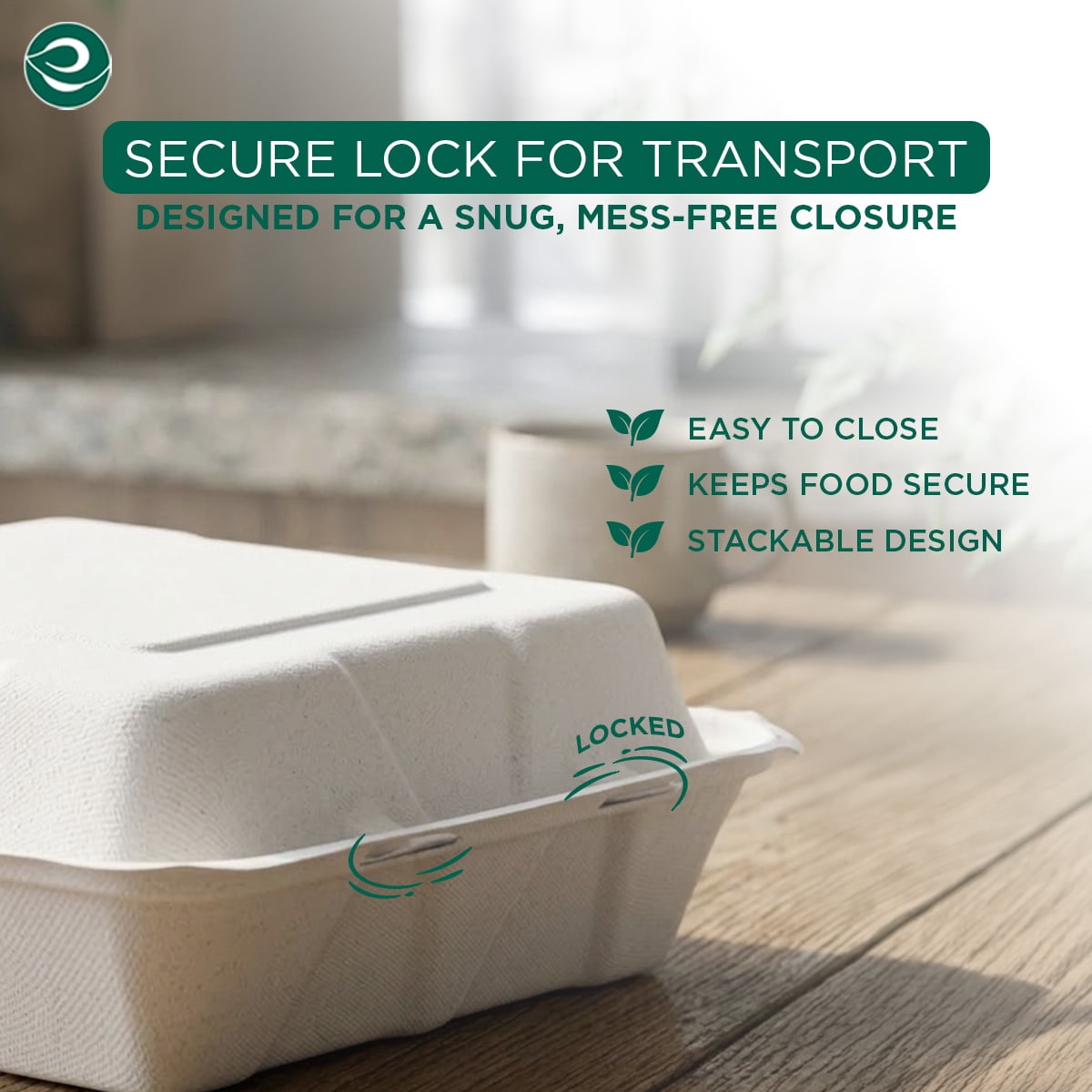 Eco-Friendly Compostable 9 x 9 Inch Bagasse Clamshell With 3 Compartments, 50 Count