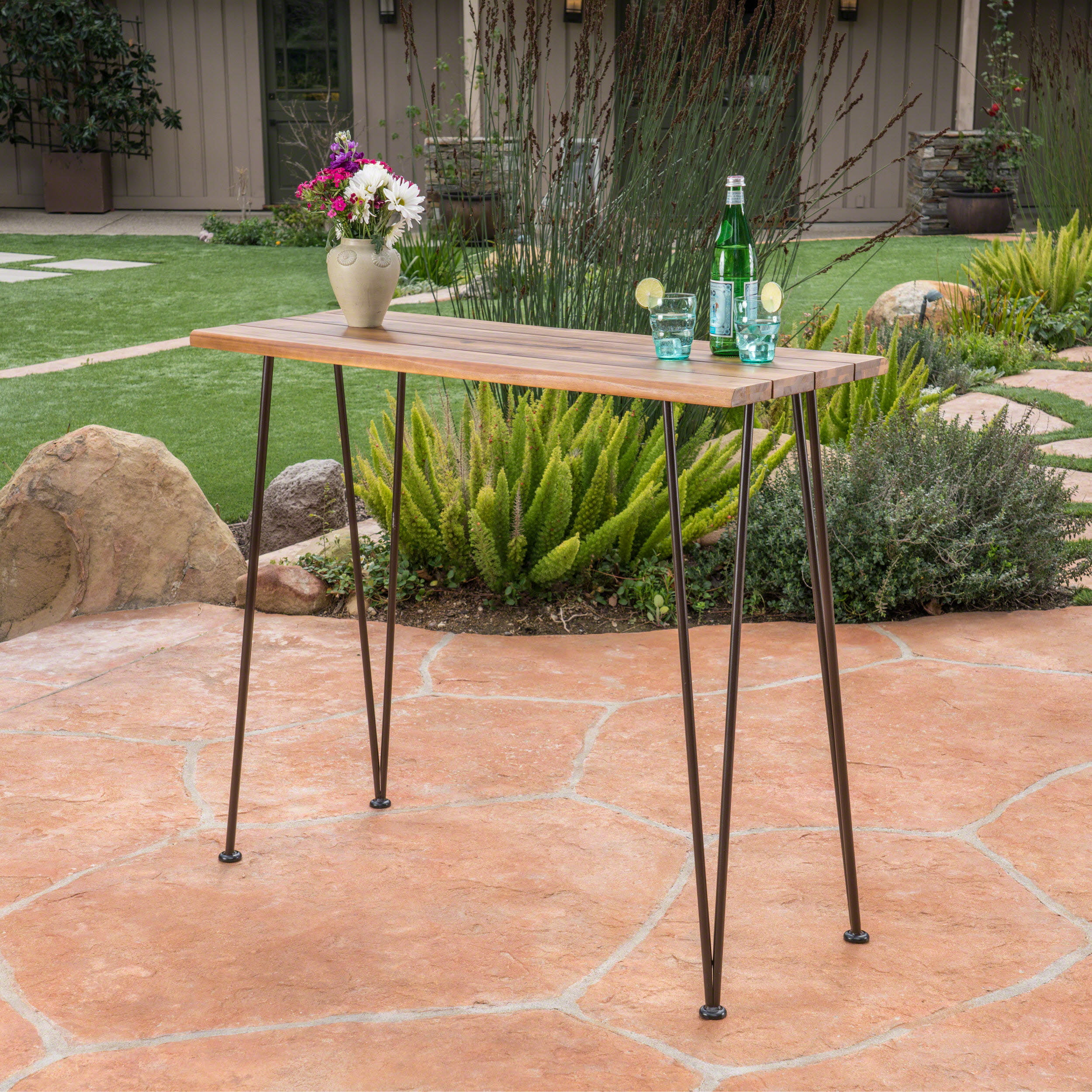 Daniel Outdoor Industrial Teak Finished Acacia Wood Bar Table with Rustic Metal Finished Iron Frame