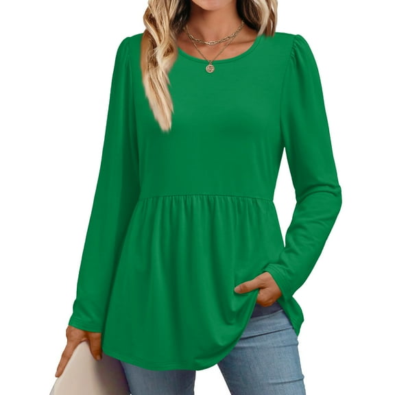 Long Sleeve Shirts for Women Babydoll Tops Dressy Casual Round Neck Ladies Tunic Blouses Spring Fall Clothes