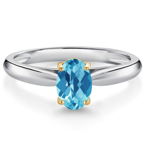Gem Stone King 10K White and Yellow Gold Swiss Blue Topaz Solitaire Engagement Ring for Women (1.00 Cttw, Oval Checkerboard 7X5MM, Gemstone November Birthstone, Size 6)