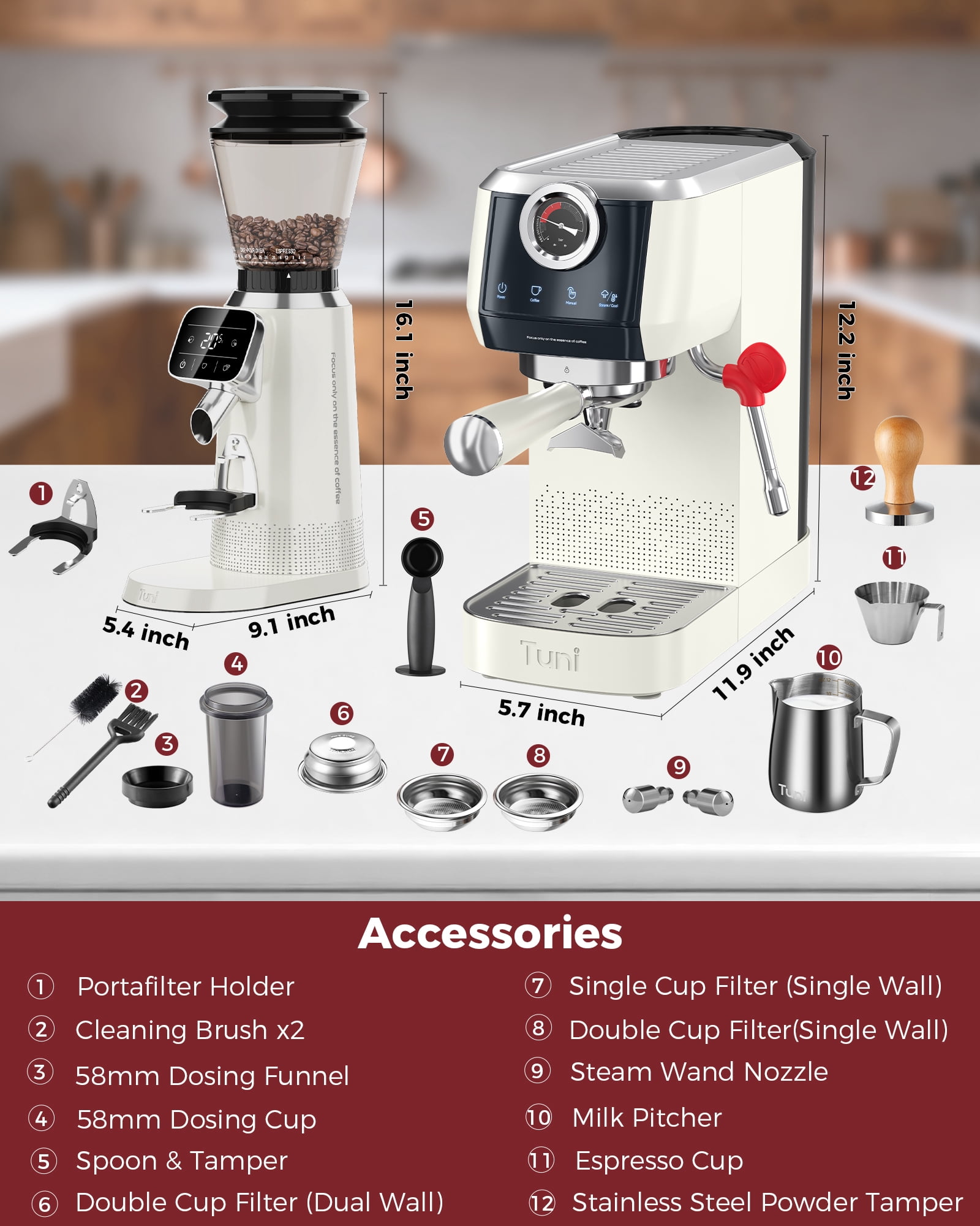 Tuni E2 20Bar Dual Boiler Espresso Machine with G2 70 Grinding Settings Conical Burr Coffee Grinder (Ivory) Combo Set | Professional Home Barista Kit