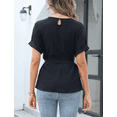 thumbnail image 3 of IWEMEK Women Tops Crewneck Short Roll Sleeve Summer Blouses Elegant Fashion Chic Pleated Solid Black Shirt with Belt, 3 of 6