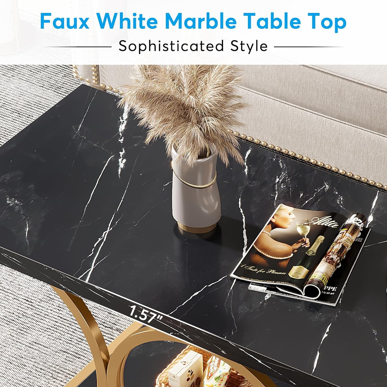 Tribesigns 47.24-inch Rectangle Coffee Table, 2-Tier Faux Marble Coffee Tables for Living Room, Black Gold