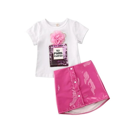 

Canrulo 2PCS Toddler Baby Girl Summer Outfits 3D Flower Shirt Tops Mini Button Leather Skirt Clothes Pink 2-3 Years