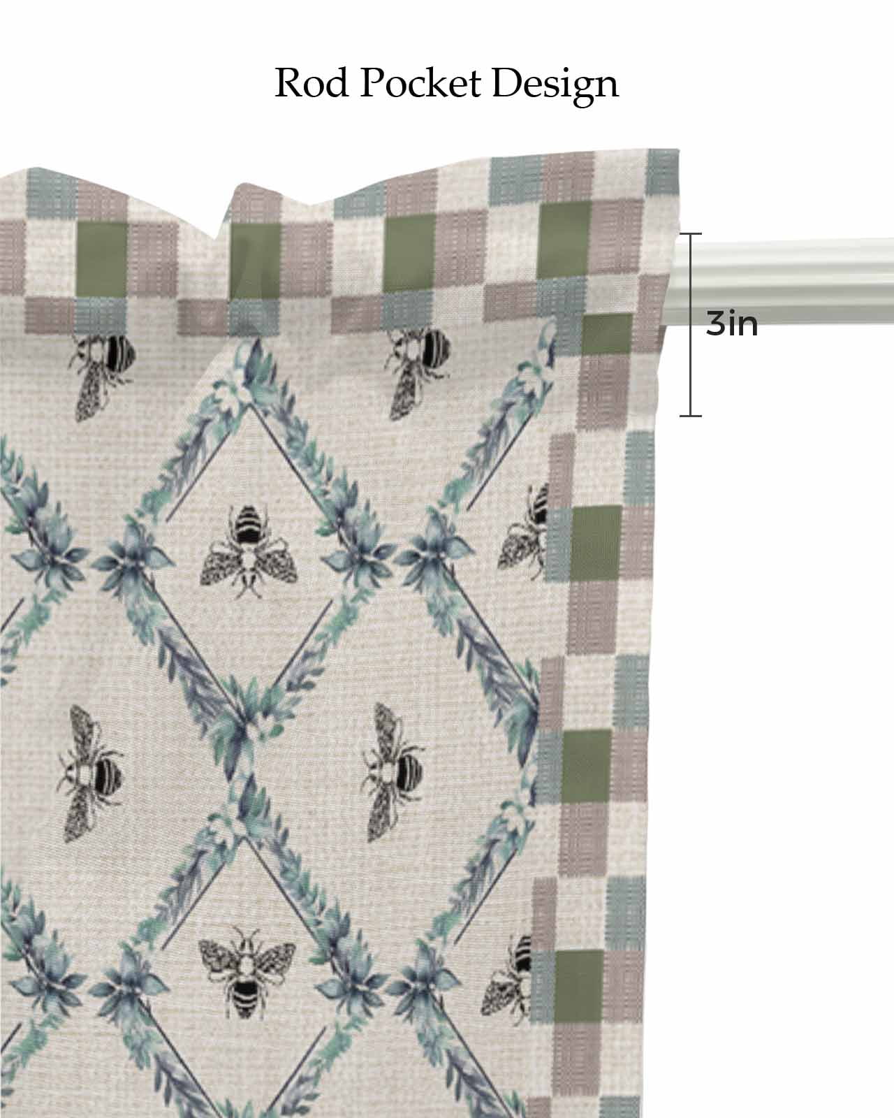 Botanical Bee Linen Curtain Valance for Bedroom/Bathroom/Kitchen/Office/Living/Dining Room Window,Teal Blue Grey Buffalo Farmhouse Plaid Pocket Topper Drapes Decorative Cafe Drapery Panel 54"x18"