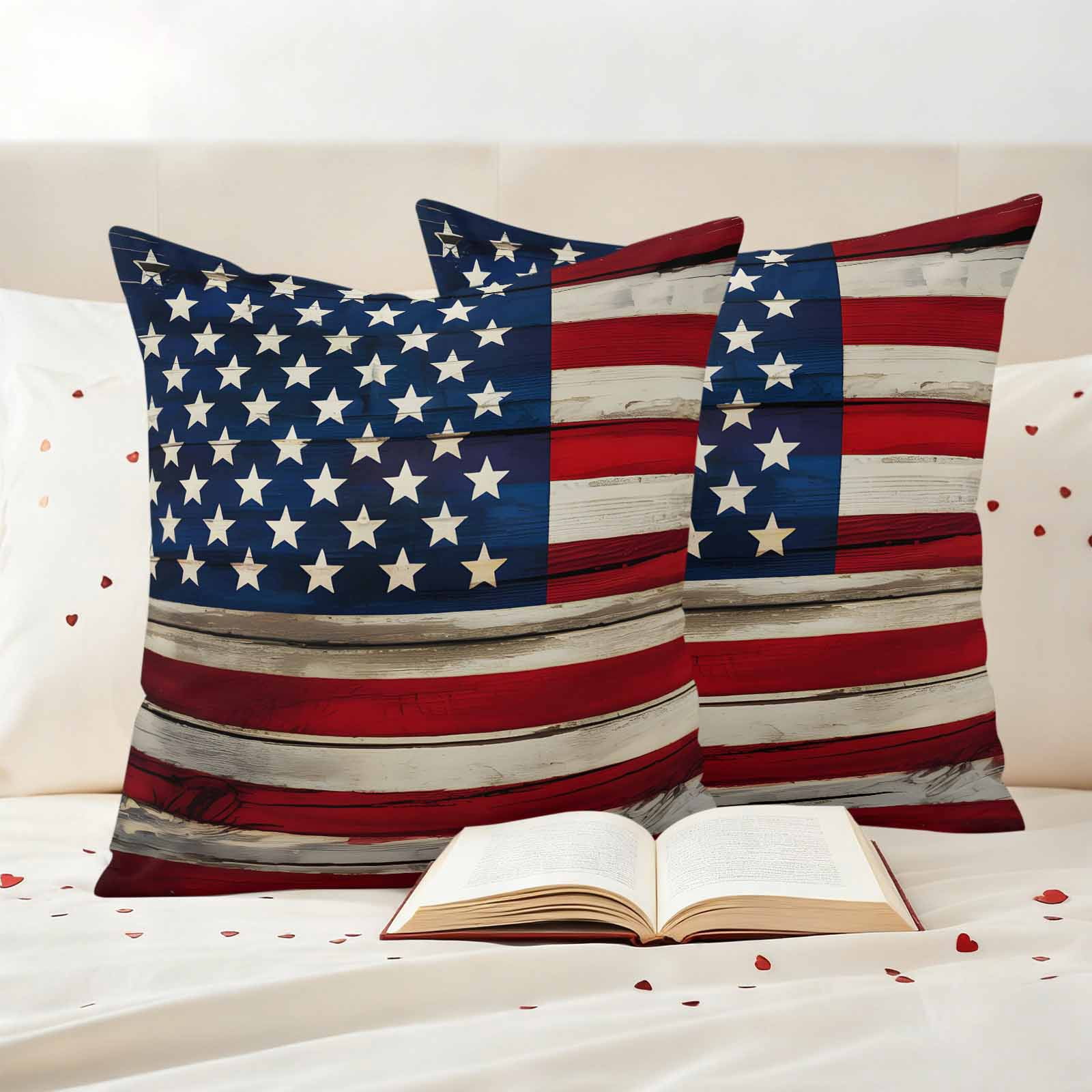 Independence Day Pillow Covers 2 Pack Retro American Flag Blue Star Red White Stripe Wood Pillowcase Waterproof Outdoor Throw Pillow Cover for Patio Garden Square Cushion 18”x18”