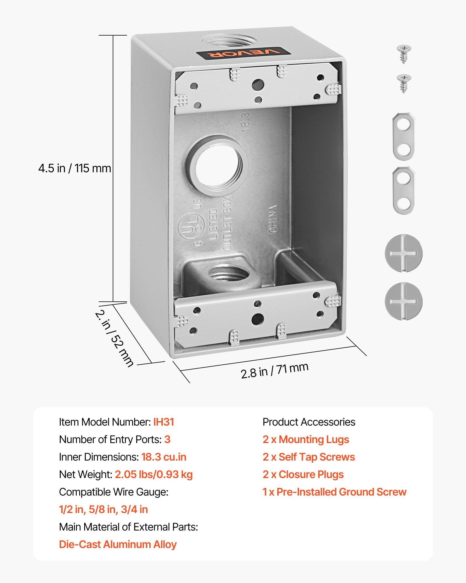 Outdoor Electrical Box,4-Pack,4.5x2.8x2 in,Weatherproof,Fits 1/2"  3/4" Conduit,18.3 Cu In
