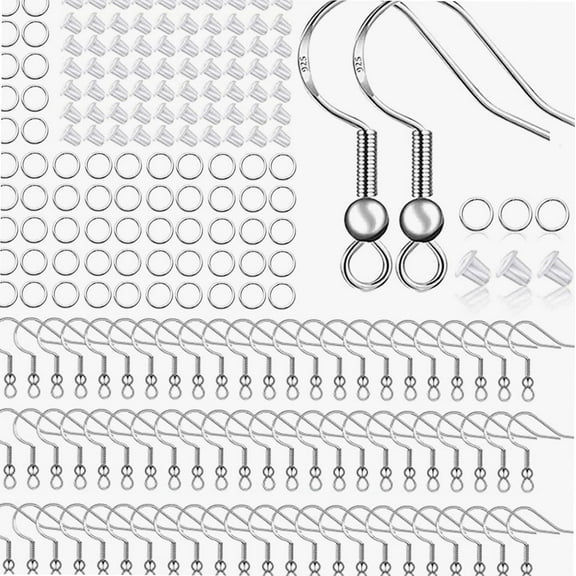 925 Sterling Silver Earring Hooks 150 PCS/75 Pairs,Ear Wires Fish Hooks,500pcs Hypoallergenic Earring Making kit with Jump Rings and Clear Silicone Earring Backs Stoppers (Silver)