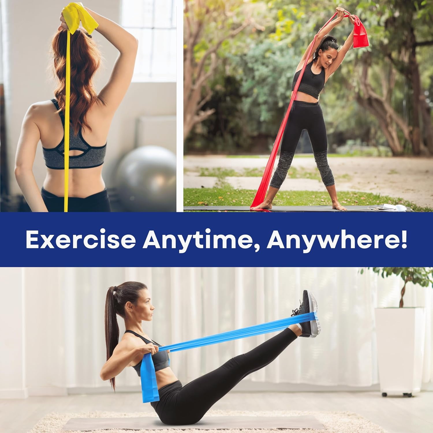 Resistance Bands with Instruction Guide & Carry Bag - Latex Free Exercise Band for Working Out, Physical Therapy, Rehab, Stretch, Yoga & Pilates, Set of 3