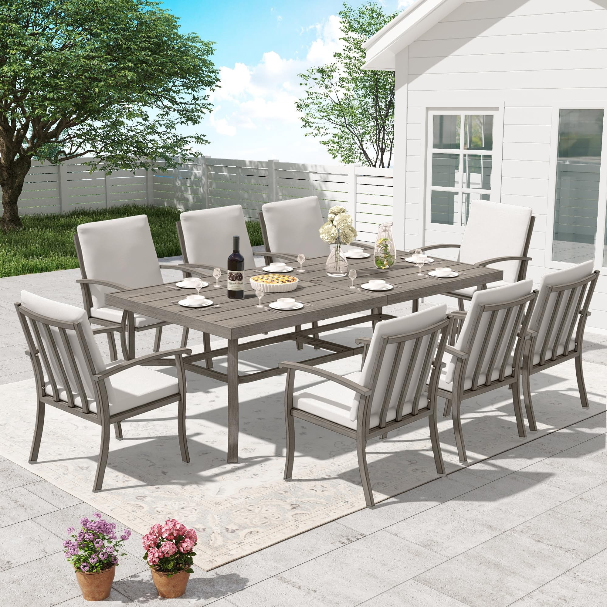 Outdoor Dining Table for 8, 84 Inch Aluminum Patio Table with Umbrella Hole, All Weather Rectangle Outdoor Table for Backyard Garden Poolside, Grey