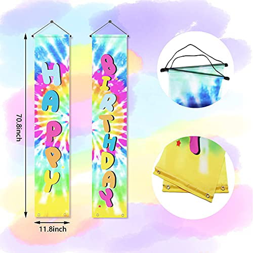 Art Theme Polyester Indoor Outdoor Vertical Decor for Boys and Girls Tie Dye Porch Sign Party Decorations Supplies-HAPPY BIRTHDAY Wall Hanging Couplet Banner 