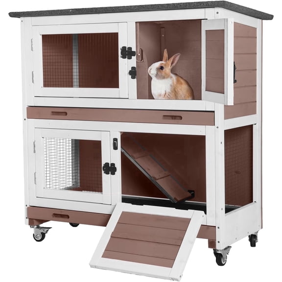 AIVITUVIN Wooden Rabbit Hutch Indoor Outdoor Rabbit Cage with Two Removable Trays Bunny Cage on Wheels Pet House Guinea Pig Cage 2 Story (Brown)