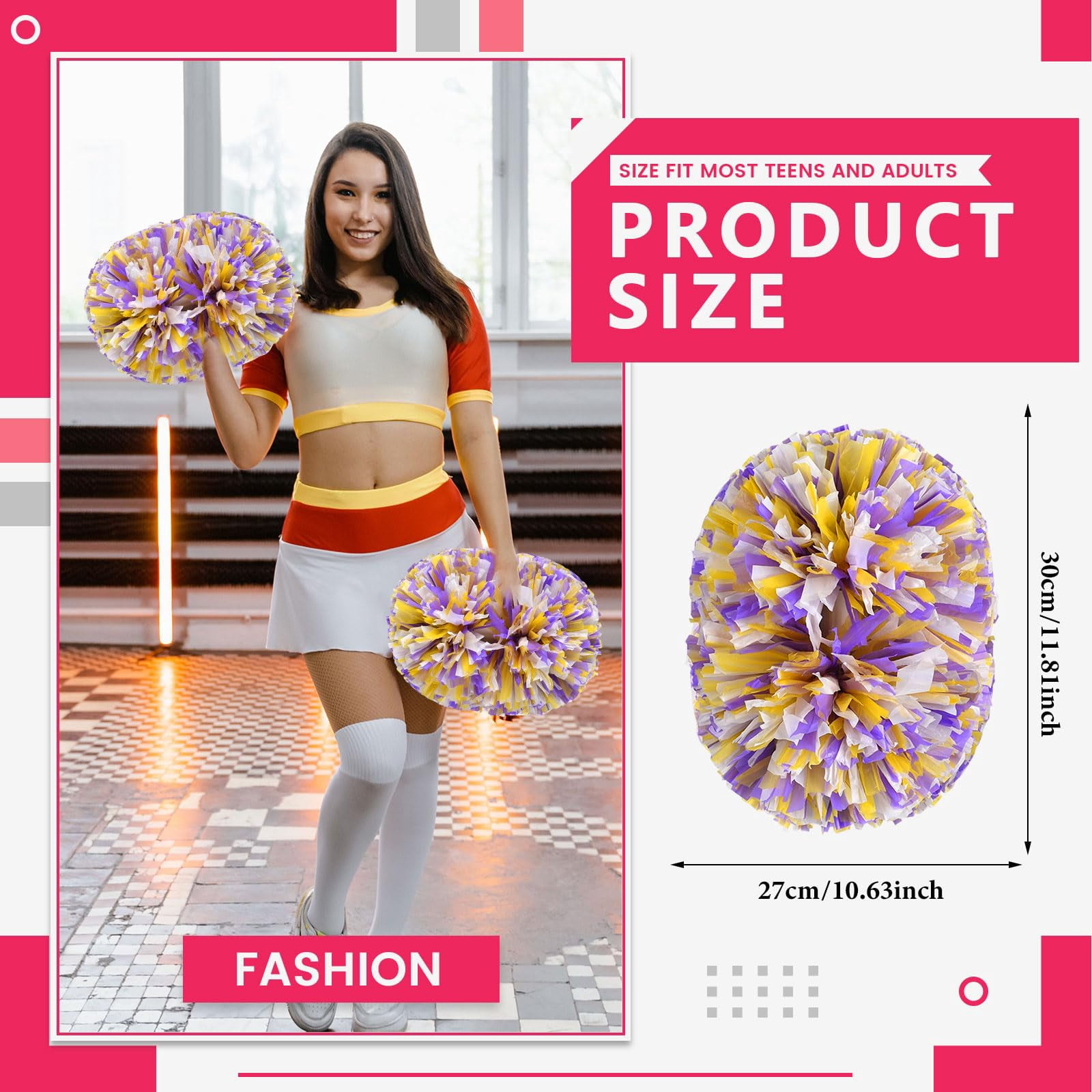 Cheer Pom Poms 12 Pcs with Handle, Cheerleading Handheld Squad Pompoms for Sports Team Cheer Spirit Games Dance Party Adults