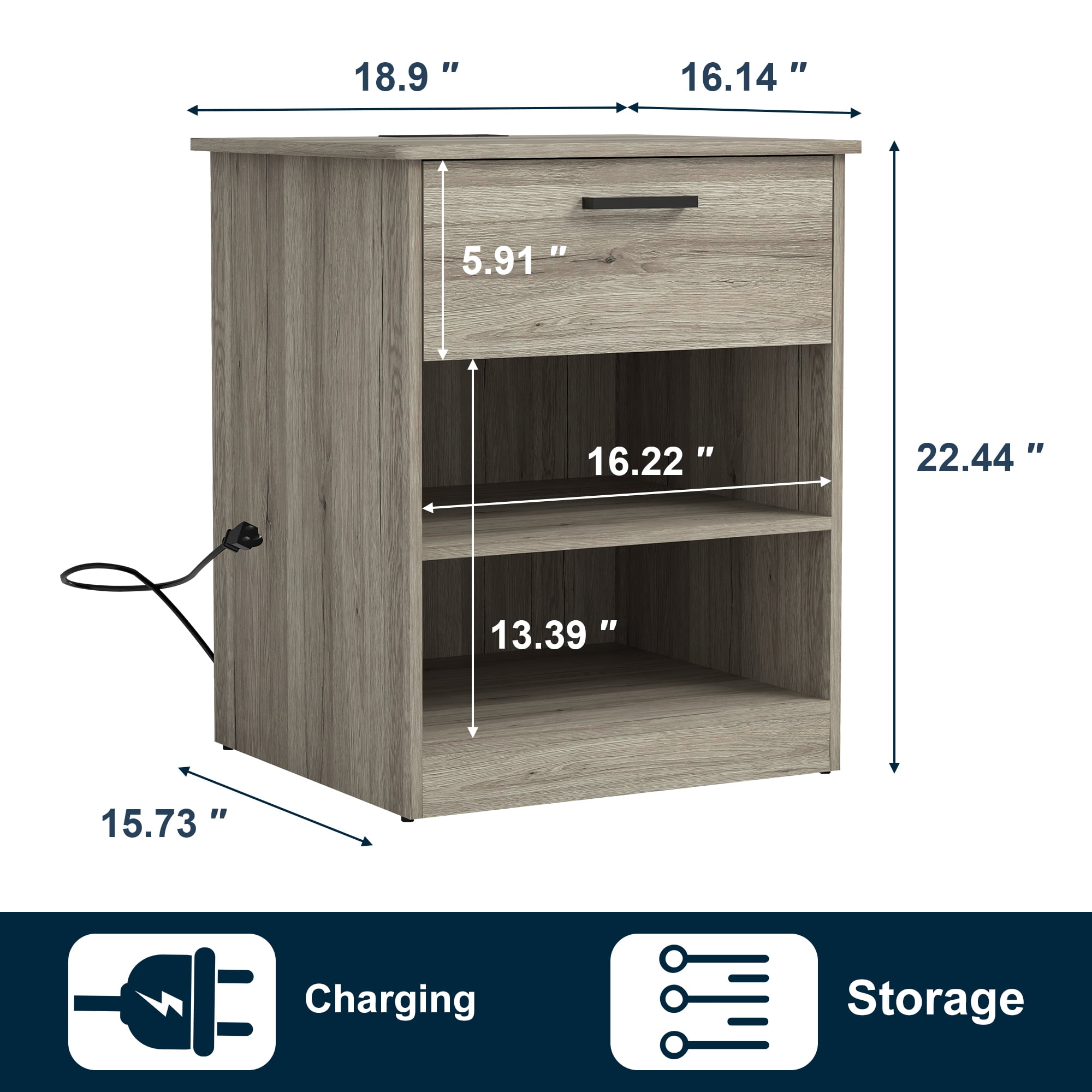 Demi Bonn 18.9" Side Table with Fast Charging Station USB C Cable Fast Charging, Wood End Table Nightstand with Drawer and Shelf for Living Room, Gray