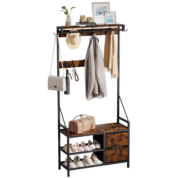 Enogets 4-in-1 Hall Tree with Bench, Coat Rack with 17 Hooks, Shoe Shelf and Fabric Drawers, Rustic Entryway Storage